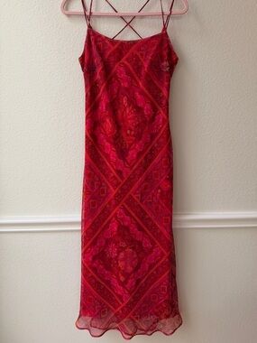 Red Sheer Overlay Midi Dress Strappy Back Lined Romantic Date Night SZ 9/10